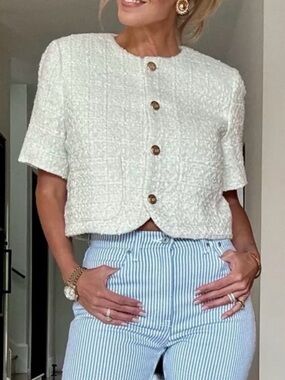 Abercrombie & Fitch Tweed Short-Sleeve Button Front Top in Cream